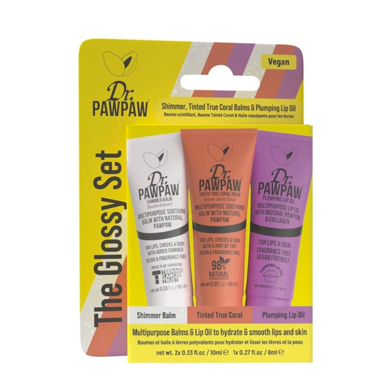 Dr Paw Paw The Glossy Set Shimmer Balm, True Coral Balm 10ml & Plumping Lip Oil 8ml