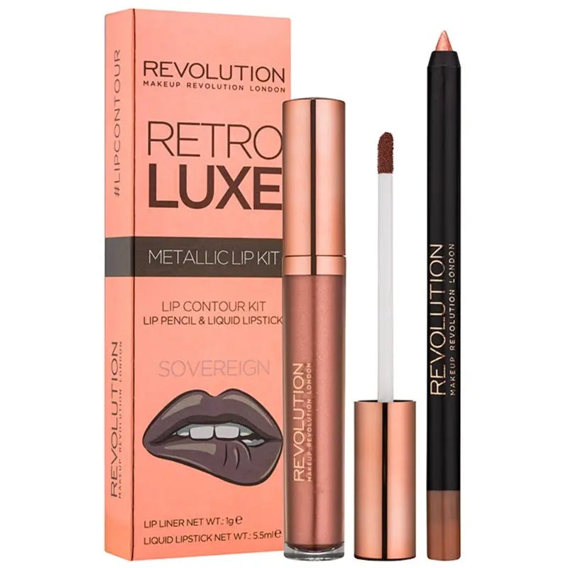 Revolution Retro Luxe Metallic Lip Kit Sovereign Lip Liner 1g  Liquid Lipstick 5.5ml