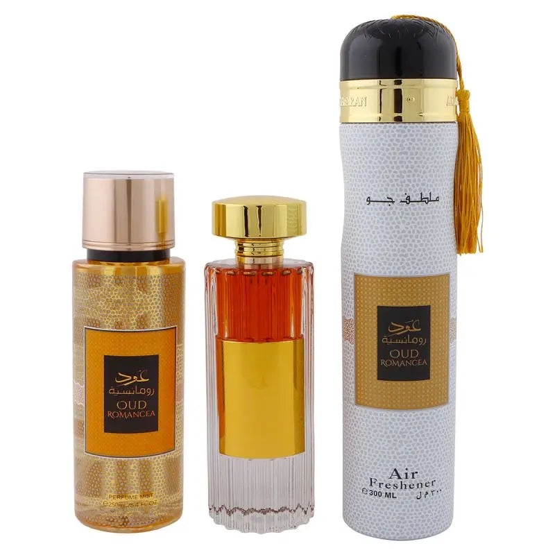 Ard Al Zaafaran Oud Romancea 3 Piece Gift Set: Eau De Parfum 100ml - Perfume Mist 250ml - Air Freshener 300ml