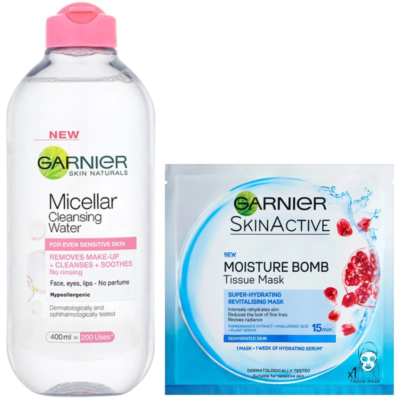 Garnier Micellar Water Sensitive Skin and Hydrating Face Sheet Mask for Dehydrated Skin Kit Exclusive (Worth 8.98)